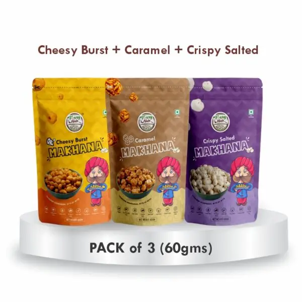 Foxxy Nuts Cheesy Burst, Caramel, Crispy Salted Makhana (Pack of 3 - 60gram each)