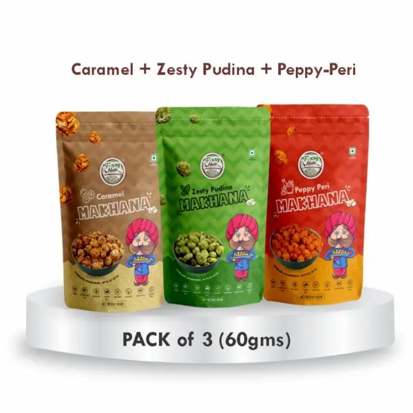 Foxxy Nuts Caramel, Zesty Pudina, Peppy Peri Makhana (Pack of 3 - 60gram each)