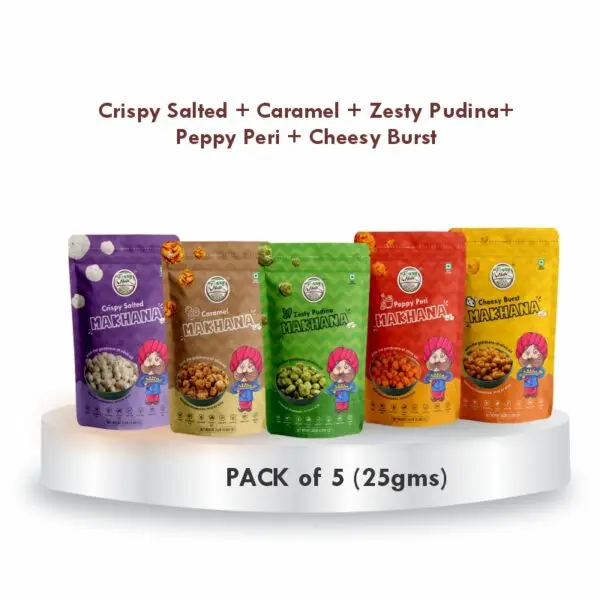 Foxxy Nuts Pack of 5 (25gms each) - Crispy Salted, Caramel, Zesty Pudina, Peppy Peri, Cheesy Burst Makhana