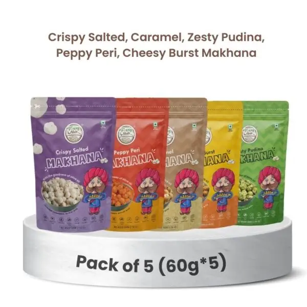 Foxxy Nuts Pack of 5 (60gms each) - Crispy Salted, Caramel, Zesty Pudina, Peppy Peri, Cheesy Burst Makhana